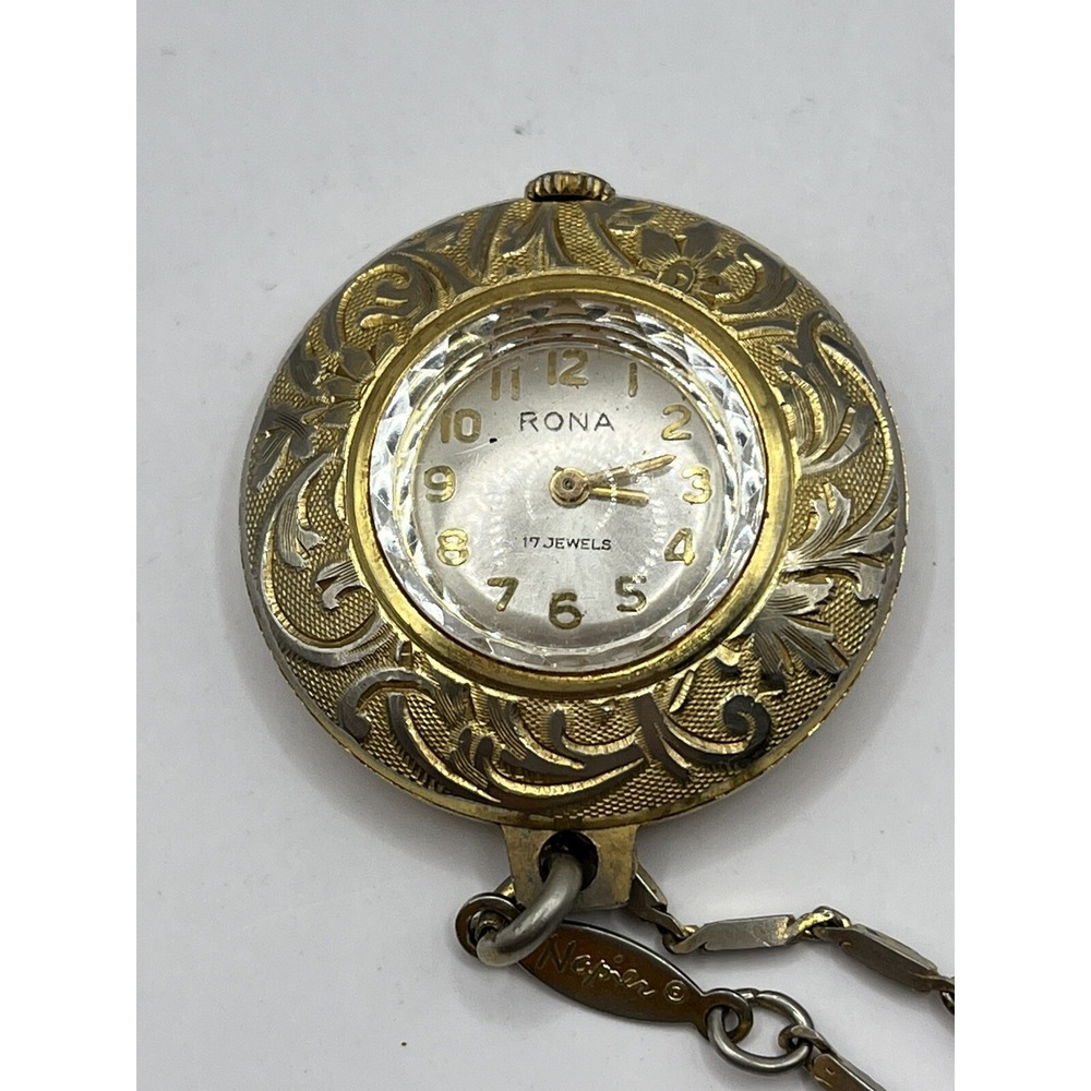 RONA Gold Tone‎ Ornate 17 Jewels Ladies Pendant Watch Napier Chain- Working!